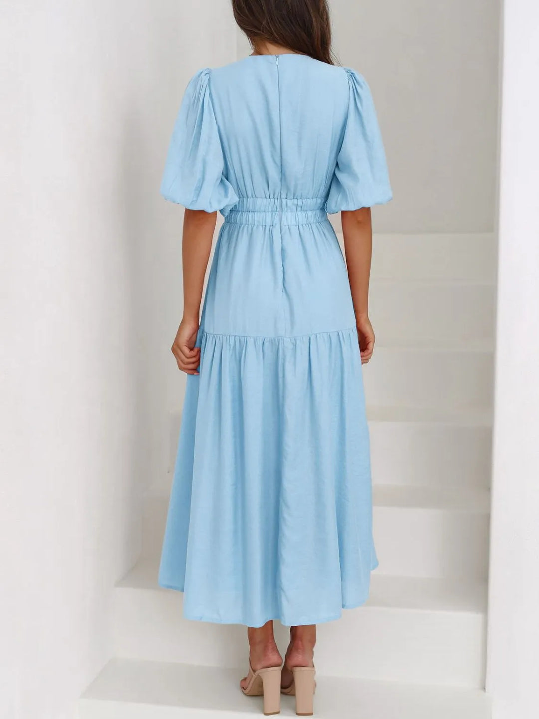 V-Neck Puff Sleeve Midi Dress