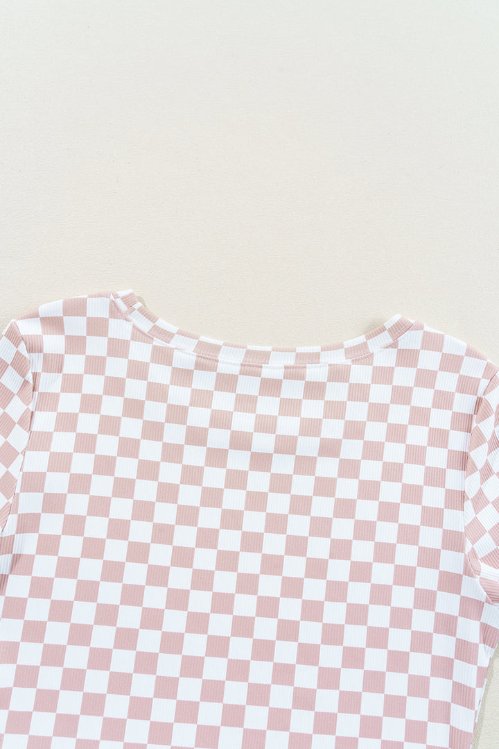 Pink Checkered Ribbed Slim Fit Crew Neck T Shirt