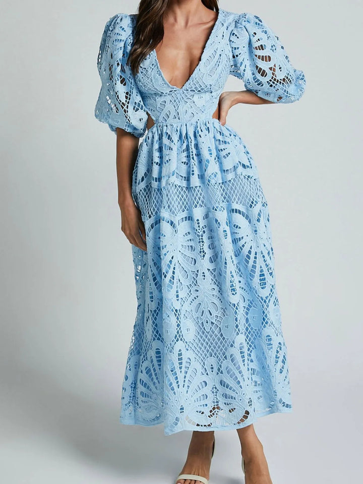 Cutout Back Lace Crochet V-Neck Dress
