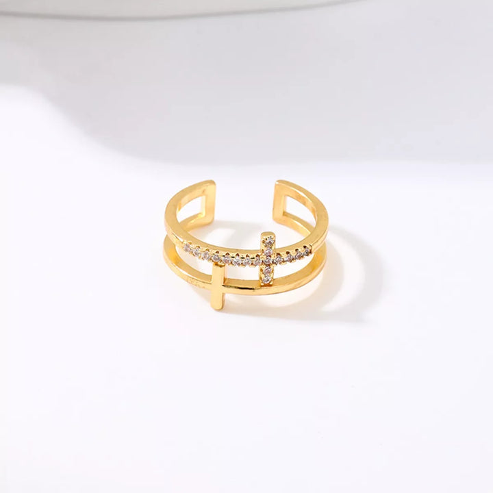 18K Gold-Plated Rhinestone Cross Open Ring