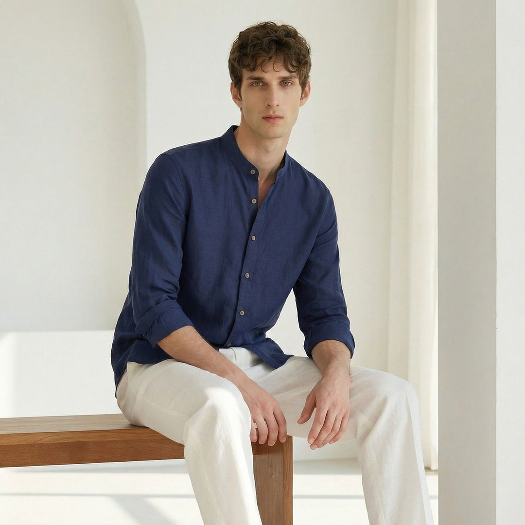 Italian Neapolitan Luxury Pure Natural Linen Mens Long Sleeve Shirt