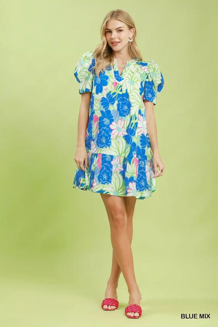 Umgee Floral Puff Sleeve Tiered Mini Dress