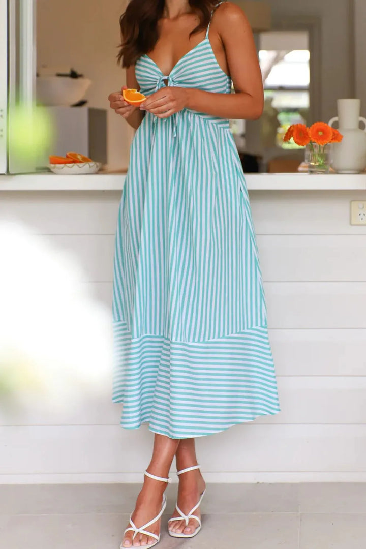 Smocked Back Striped Sleeveless Midi Dress