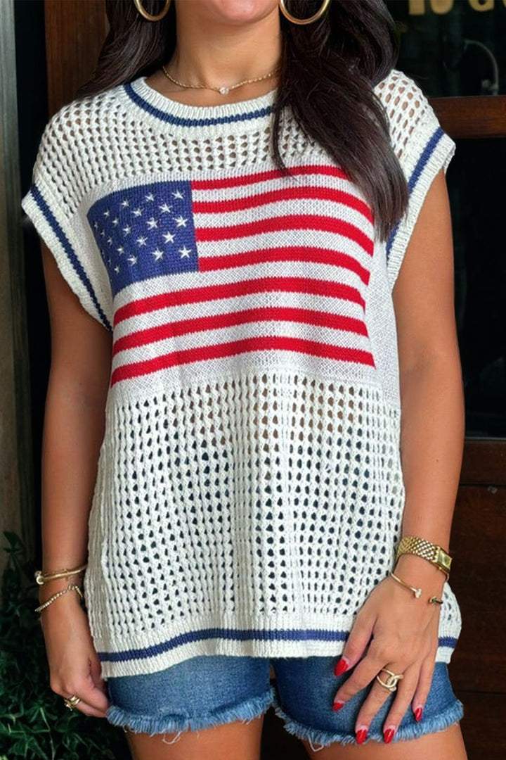 White USA Flag Eyelet Knitted Cap Sleeve Sweater Top
