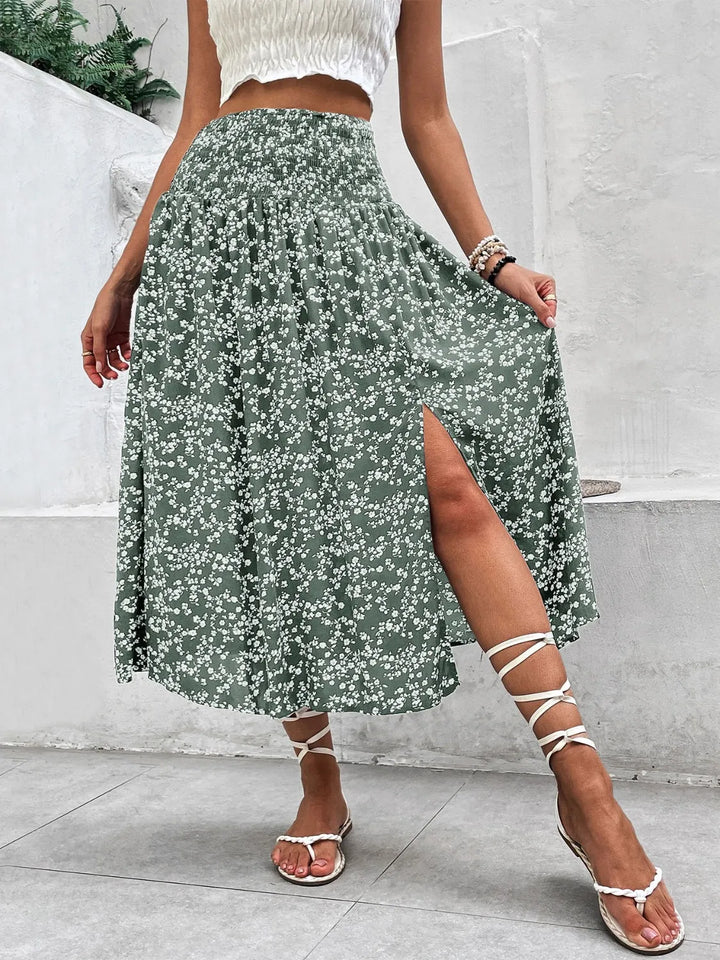 Slit Smocked Printed Skirt