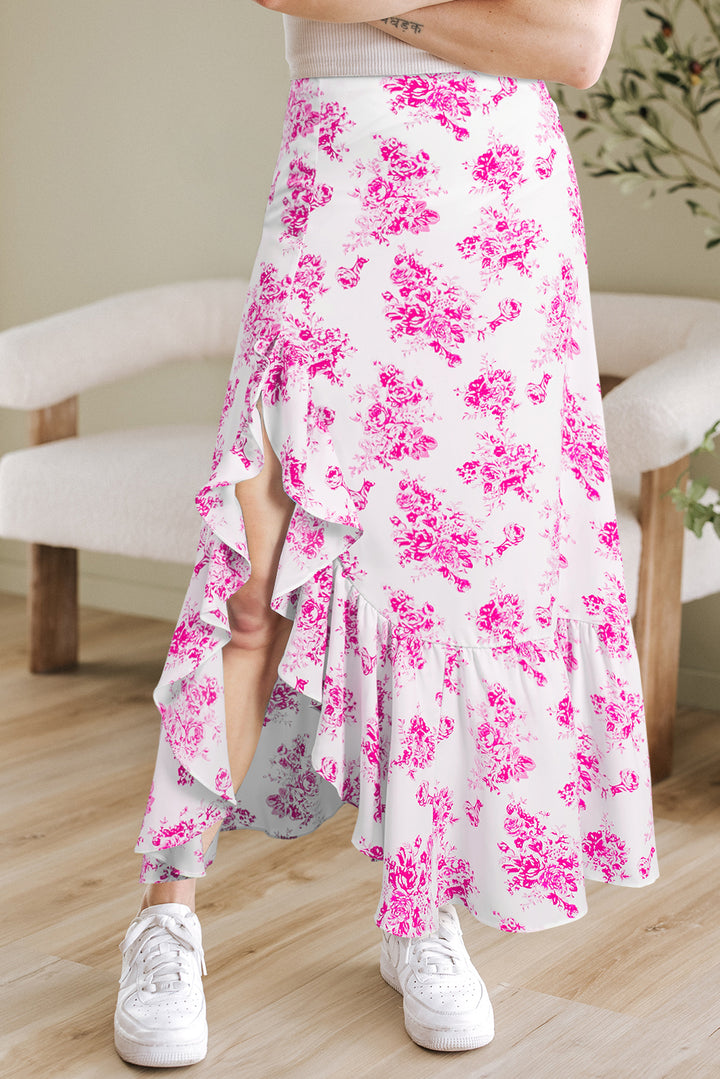 Jupe longue fendue à volants taille haute à fleurs style bohème rose