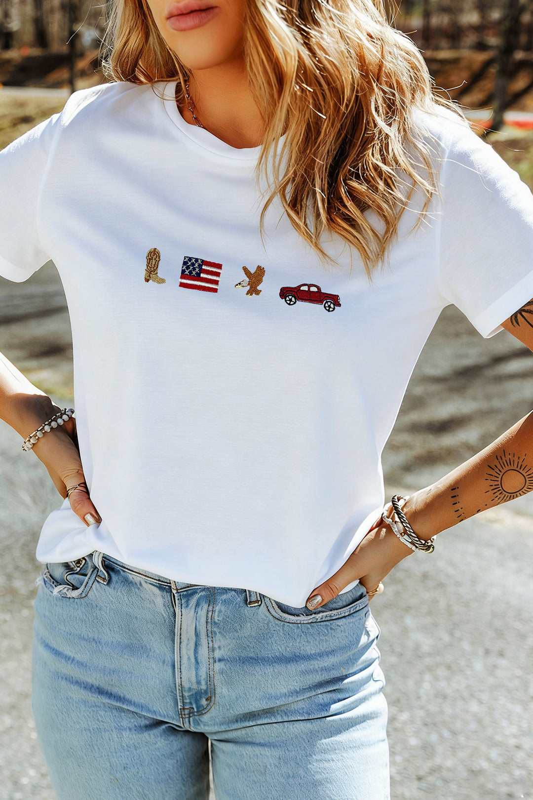 White American Icons Embroidered Casual T Shirt