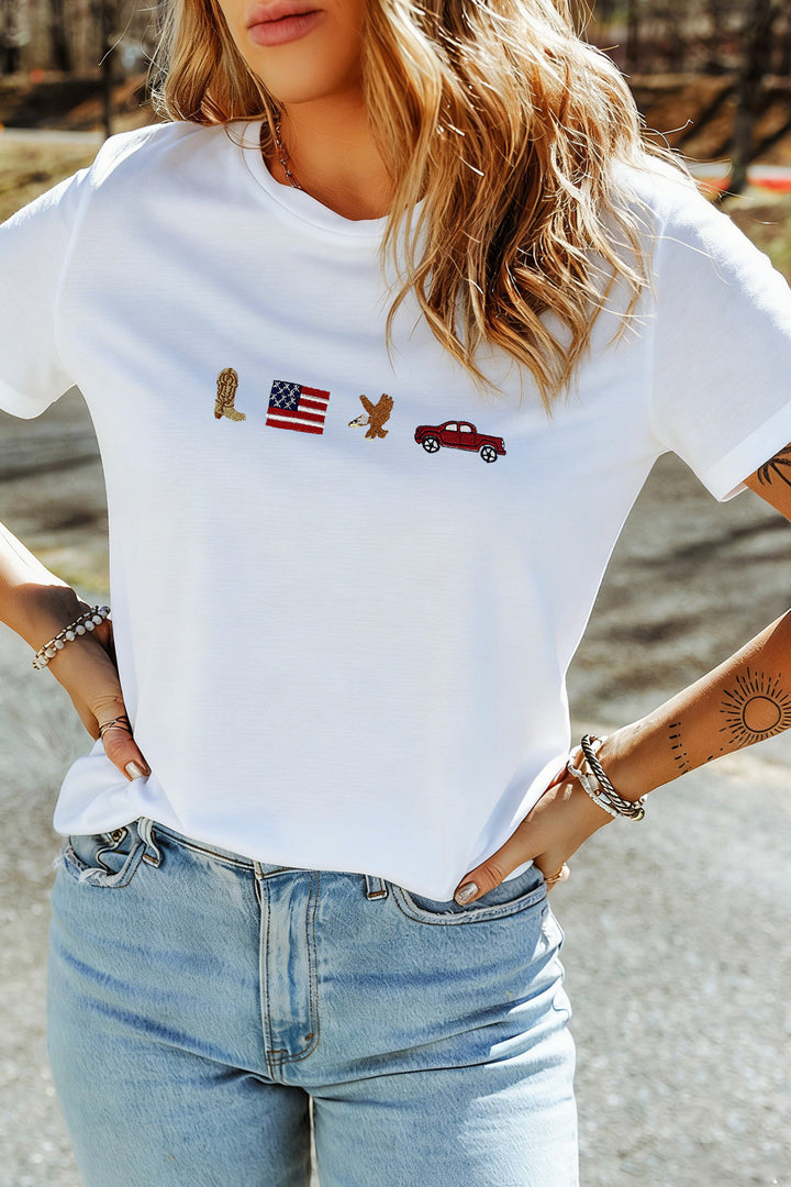White American Icons Embroidered Casual T Shirt