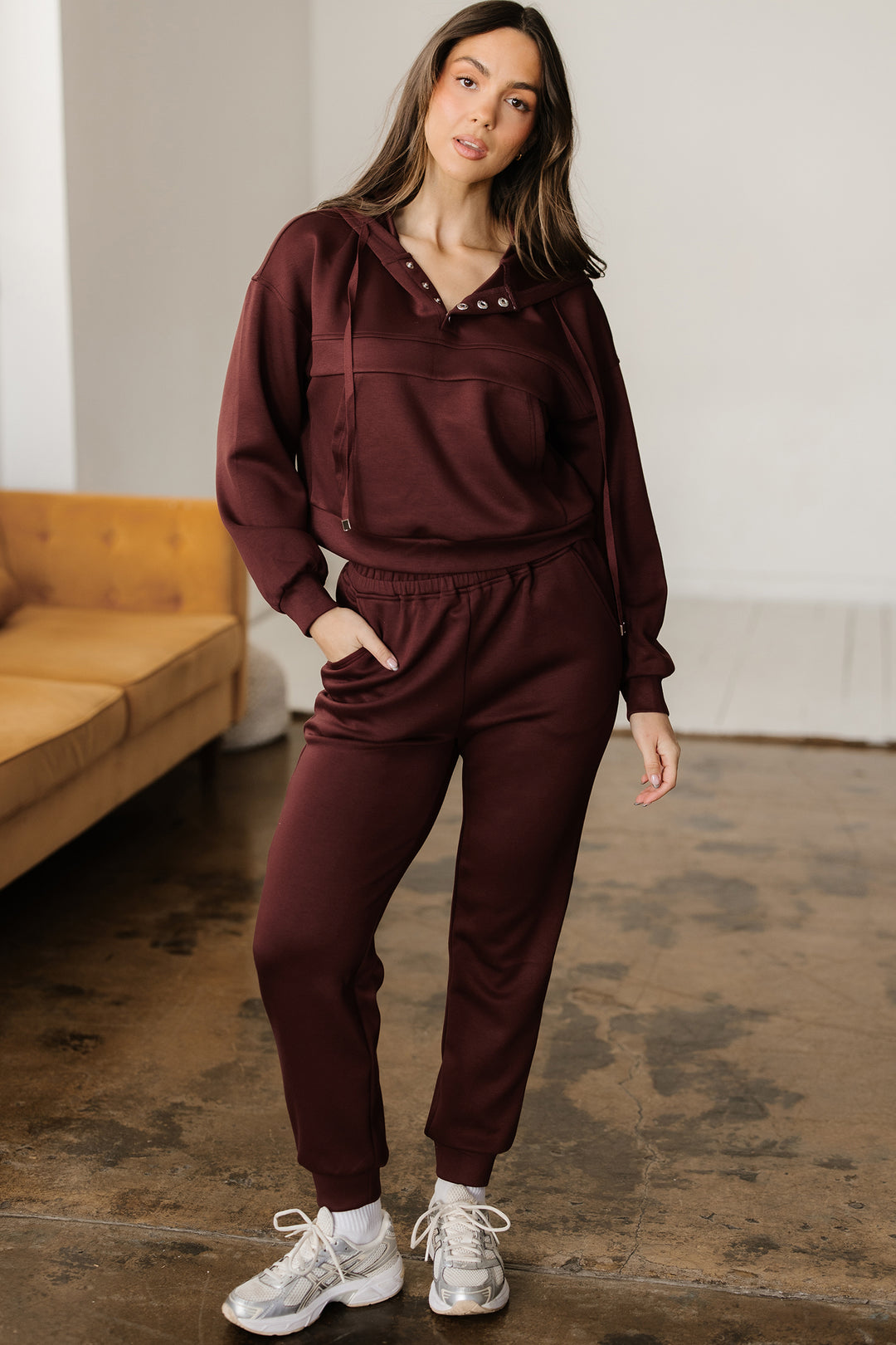 Chicory Coffee Button Drawstring Cropped Hoodie Jogger 2pcs Set