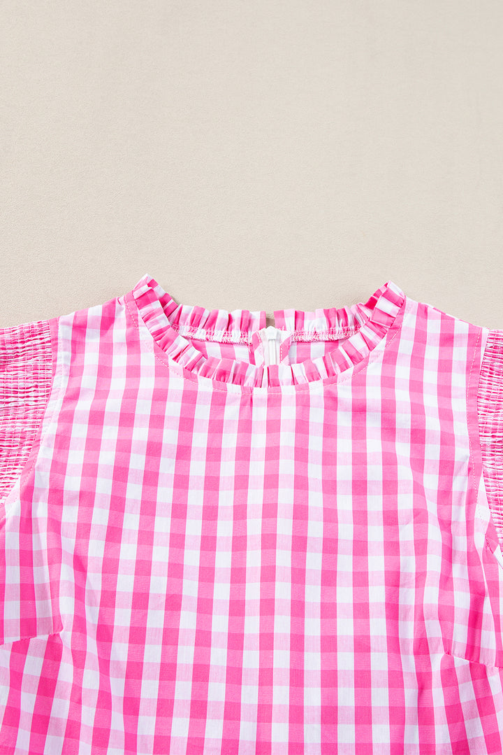 Rose Red Checkered Ruffled Sleeve Frilled Neck Blouse
