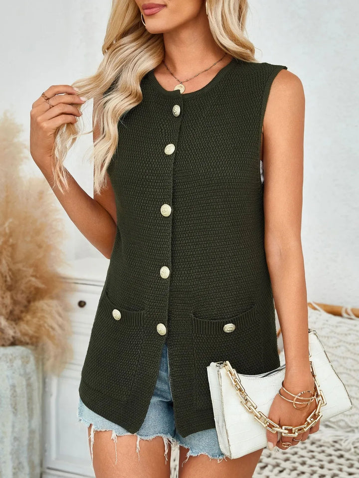 Button Down Round Neck Knit Vest