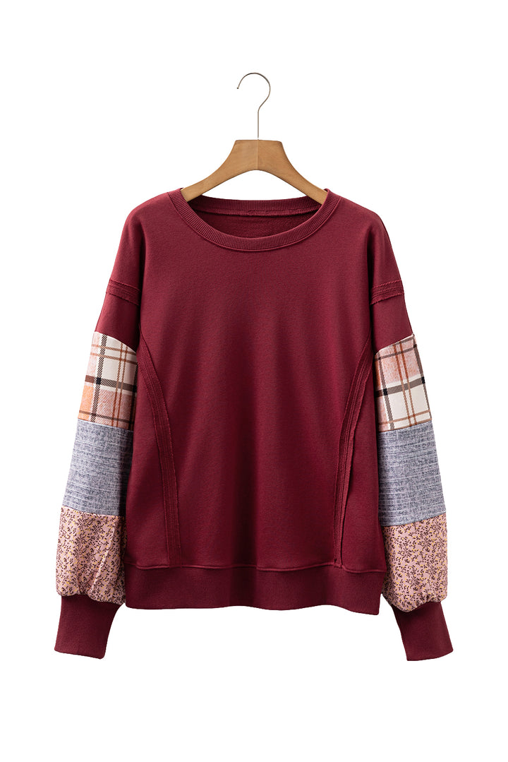 Red Sandalwood Plaid Colorblock Patchwork Sleeve Raw Seam Sweatshirt
