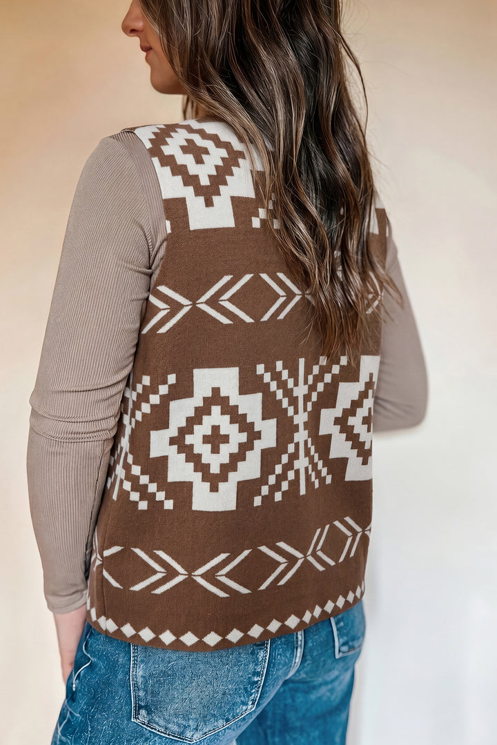 Brown Southwestern Aztec Button Square Neck Sweater Vest