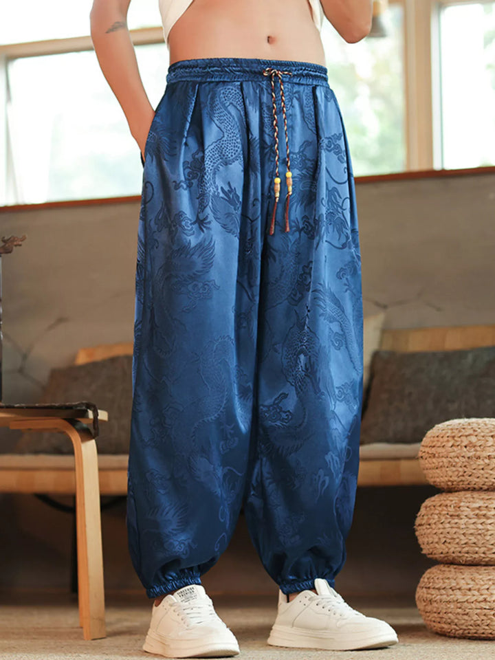 Men's Plus Size Dragon Pattern Silk Harem Pants