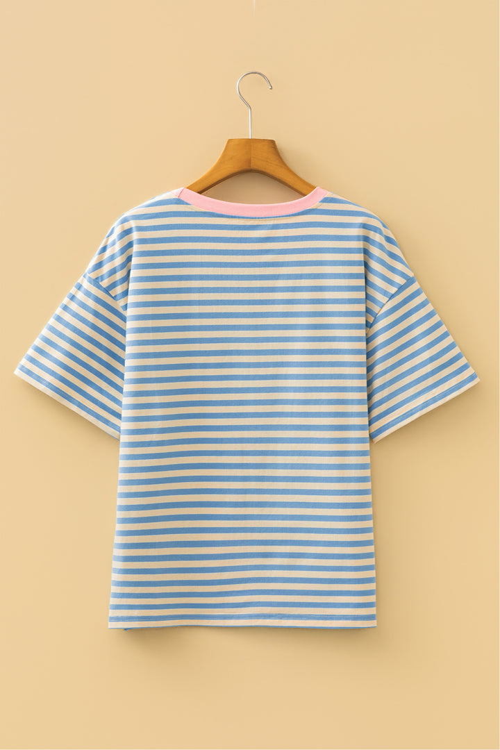Sky Blue Stripe HOPPY Chenille Patched Graphic Crew Neck Tee