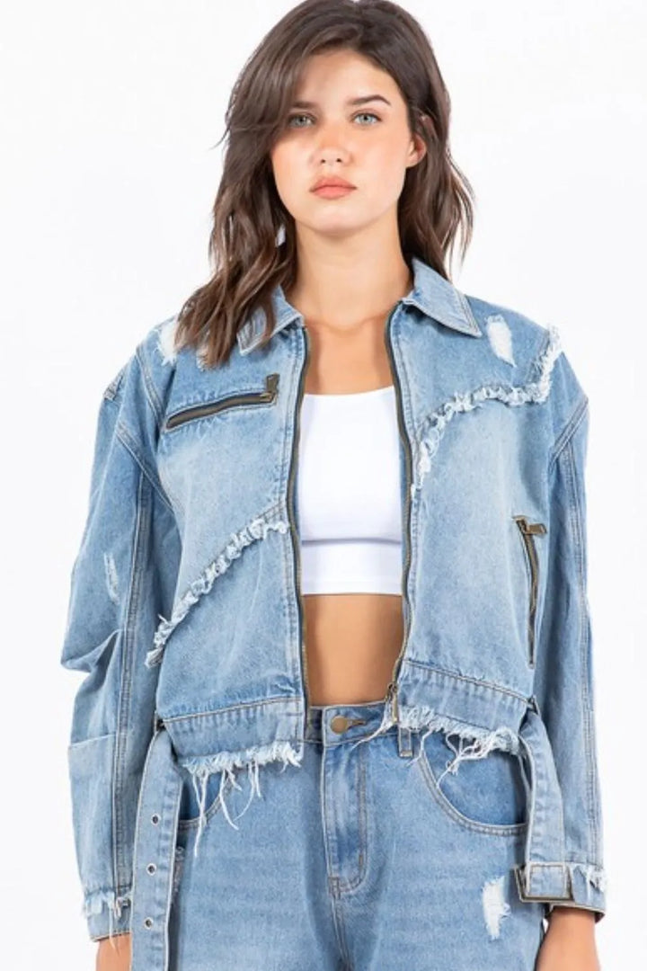 American Bazi Full Size Distressed Frayed Edge Zip Up Denim Jacket Plus Size