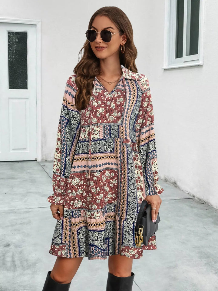 Boho Floral Print Long Sleeve Mini Dress