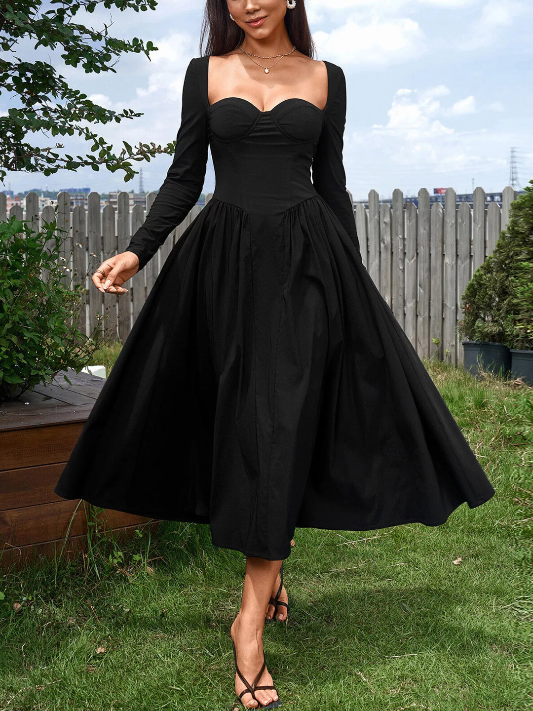 Sweetheart Neckline Long Sleeve A-Line Midi Dress