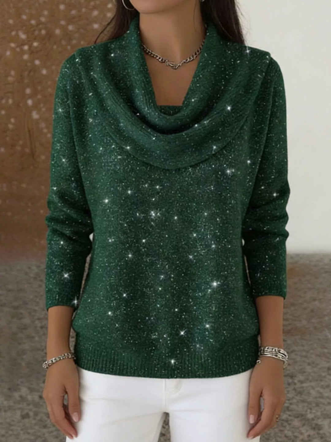 Full Size Glitter Cowl Neck Long Sleeve Sweater Plus Size