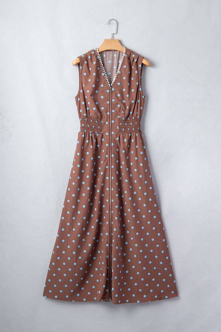Brown Polka Dot Print Contrast Trim V Neck Zip Up Sleeveless Dress