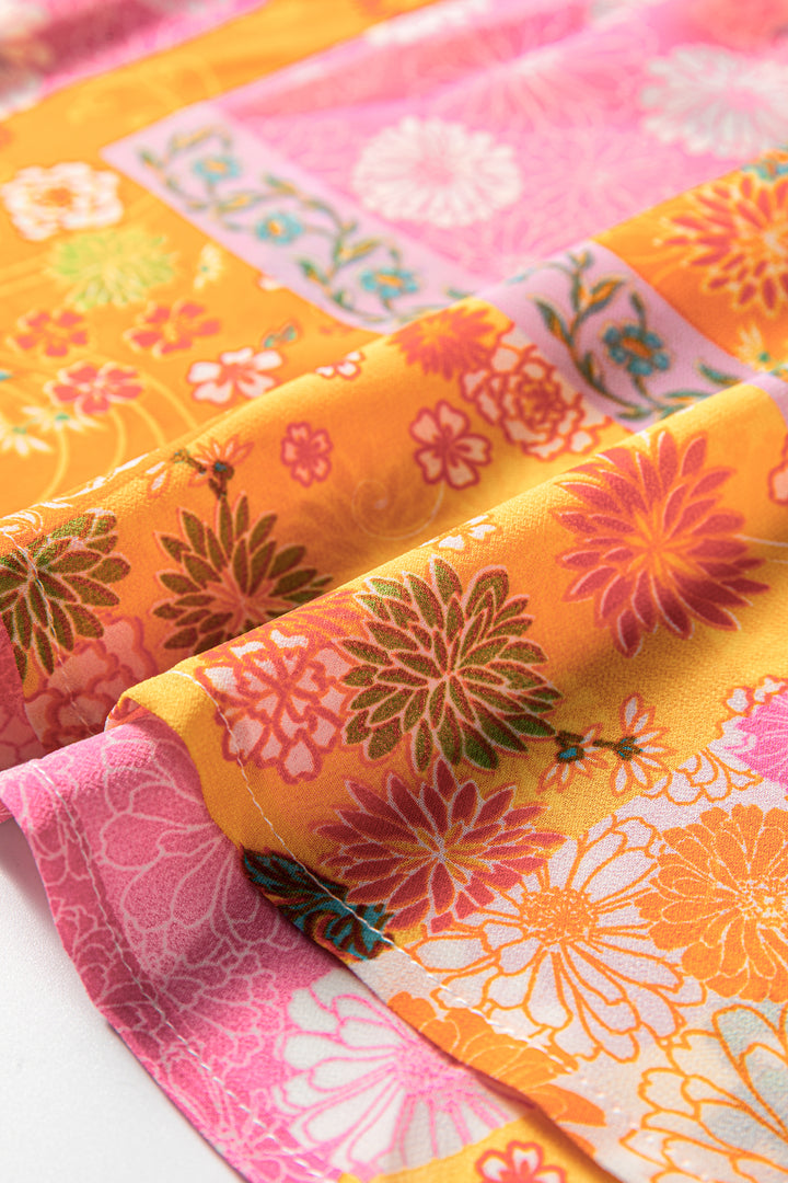 Orange Floral Patchwork Print Cut out Tied Back Bracelet Sleeve Maxi Dress