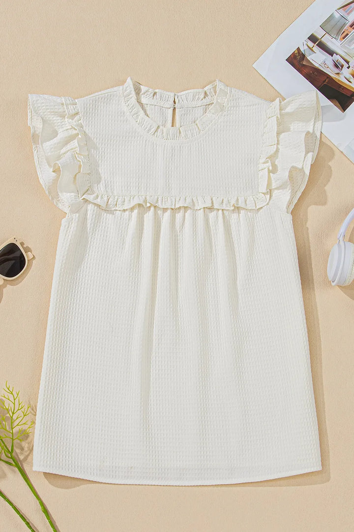 Solid Color Ruffle Trim Waffle Knit Blouse