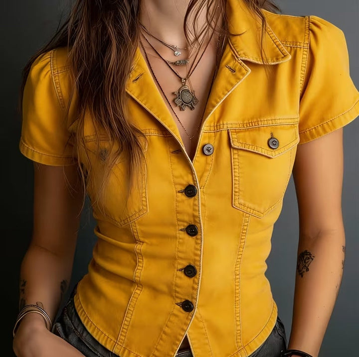 Vintage Waist-Cinched Short-Style Blazer-Collar Short-Sleeve Shirt