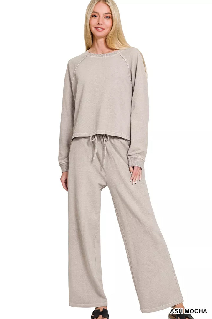 Zenana Washed F/terry Round Neck Pullover & Pants Set