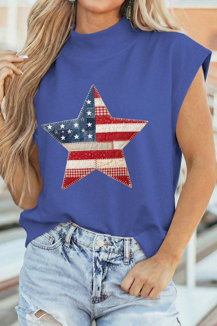 Sky Blue Faux Patchwork Patriotic Star Printed High Neck Top
