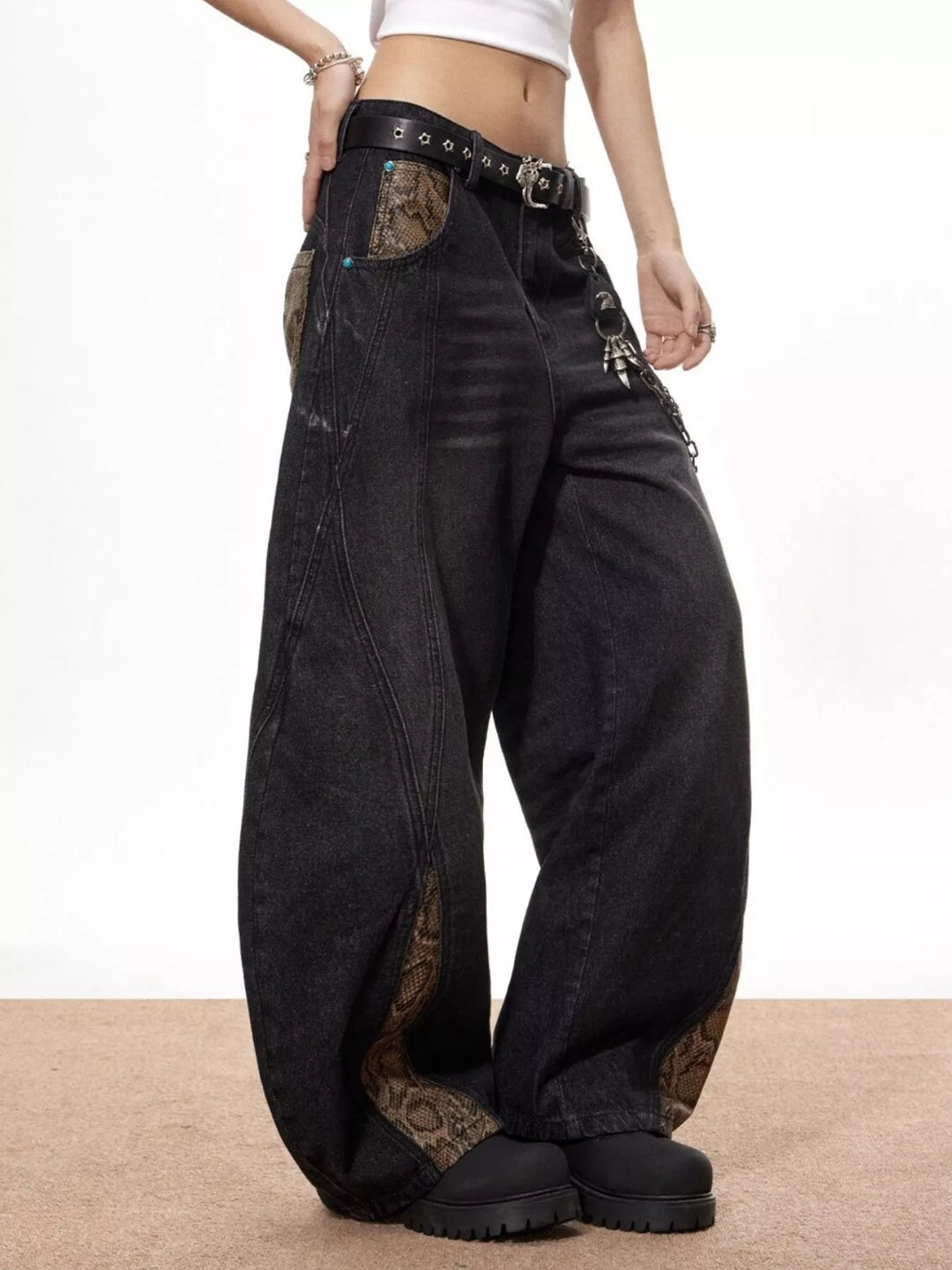 Men's Vintage Wide Leg Jeans with Snake Print