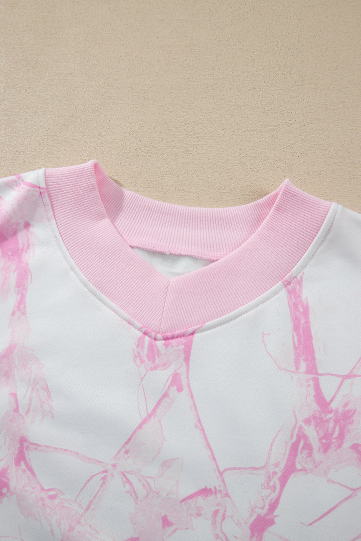 Pink Abstract Plant Print Long Sleeve V Neck Pant Set