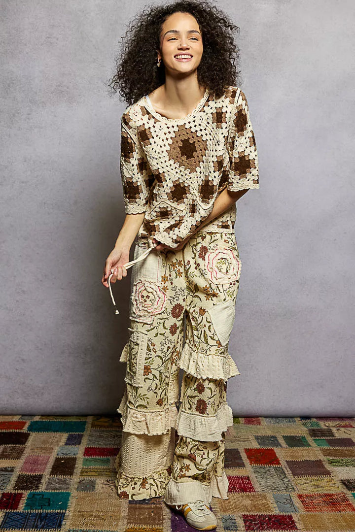 POL Round Neck Short Sleeve Color Pattern Crochet Top with Border Accents