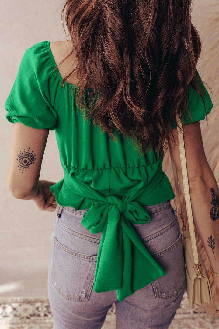 Dark Green Solid Color Ruched Crossed Waist Tied Back Short Sleeve Peplum Top