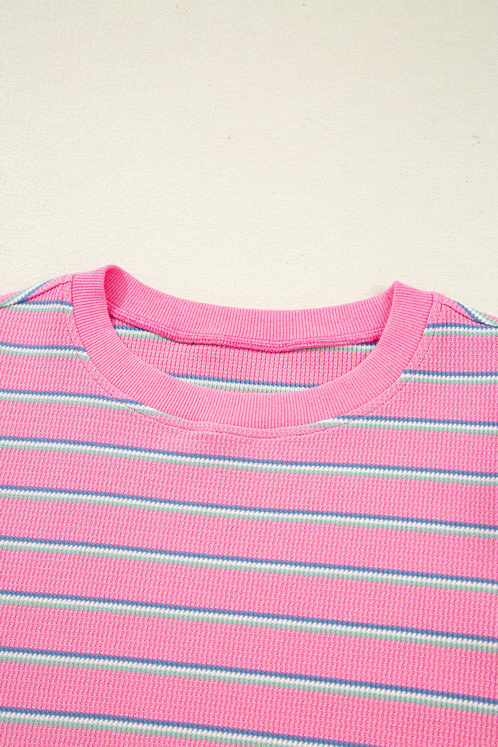 Rose Stripe Textured Knit Round Neck Long Sleeve Top