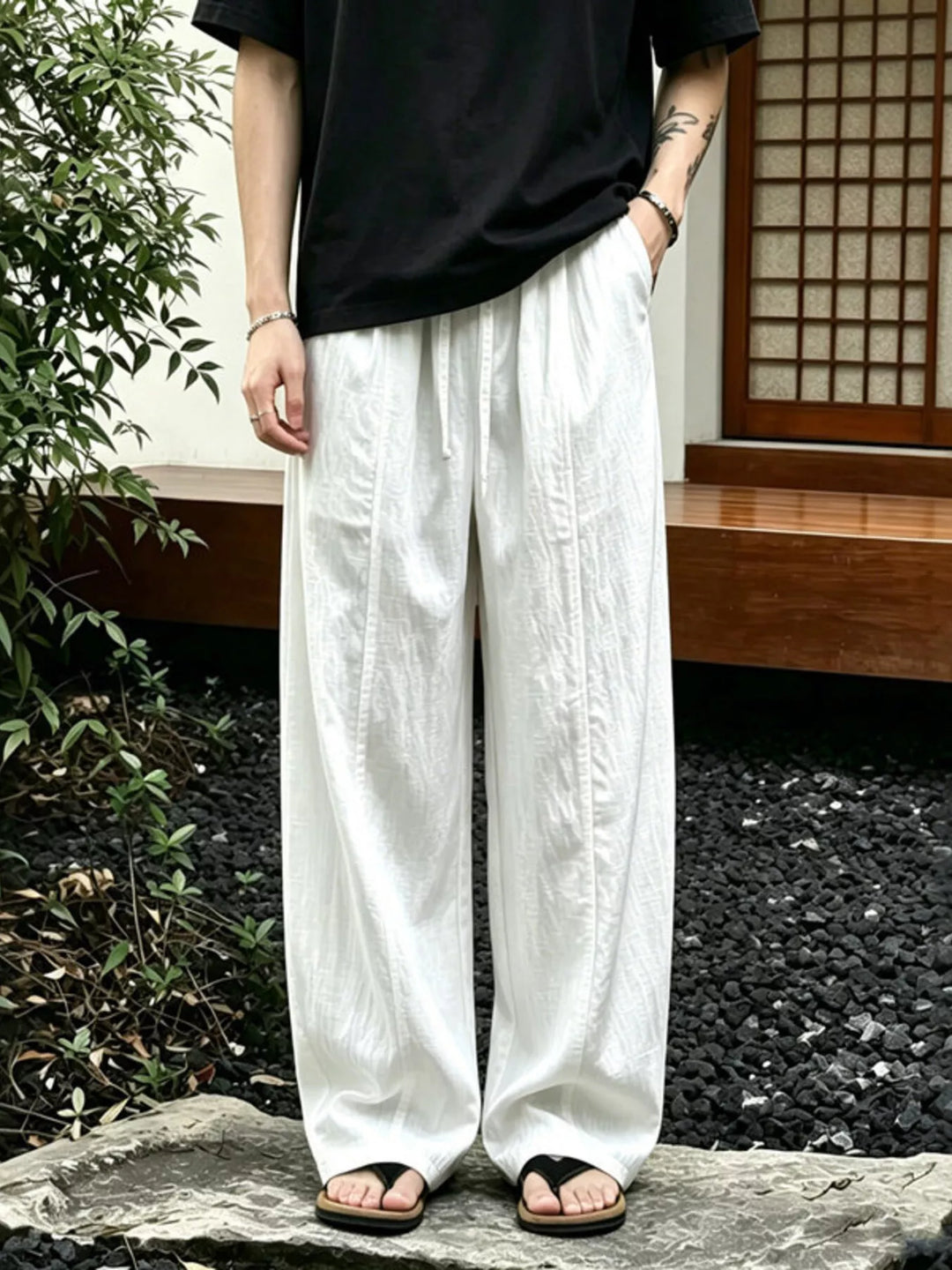 Men's Plus Size Wide Leg Pants with Drawstring Waist