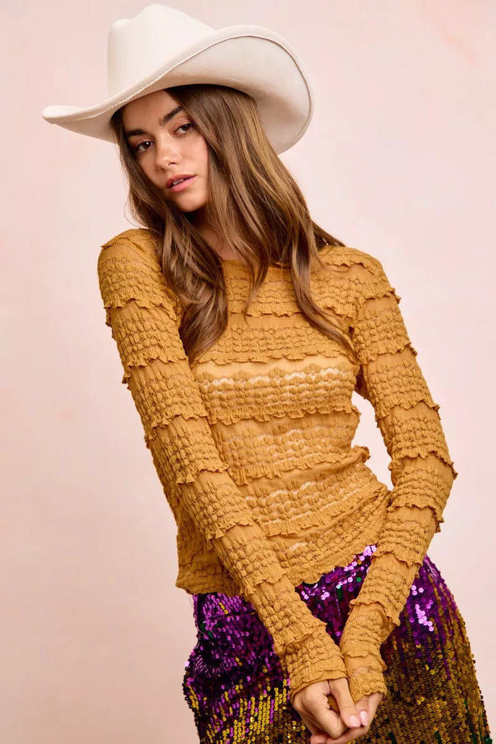 BiBi Ruffles Detail Mardi Gras Color Flower Lace Top
