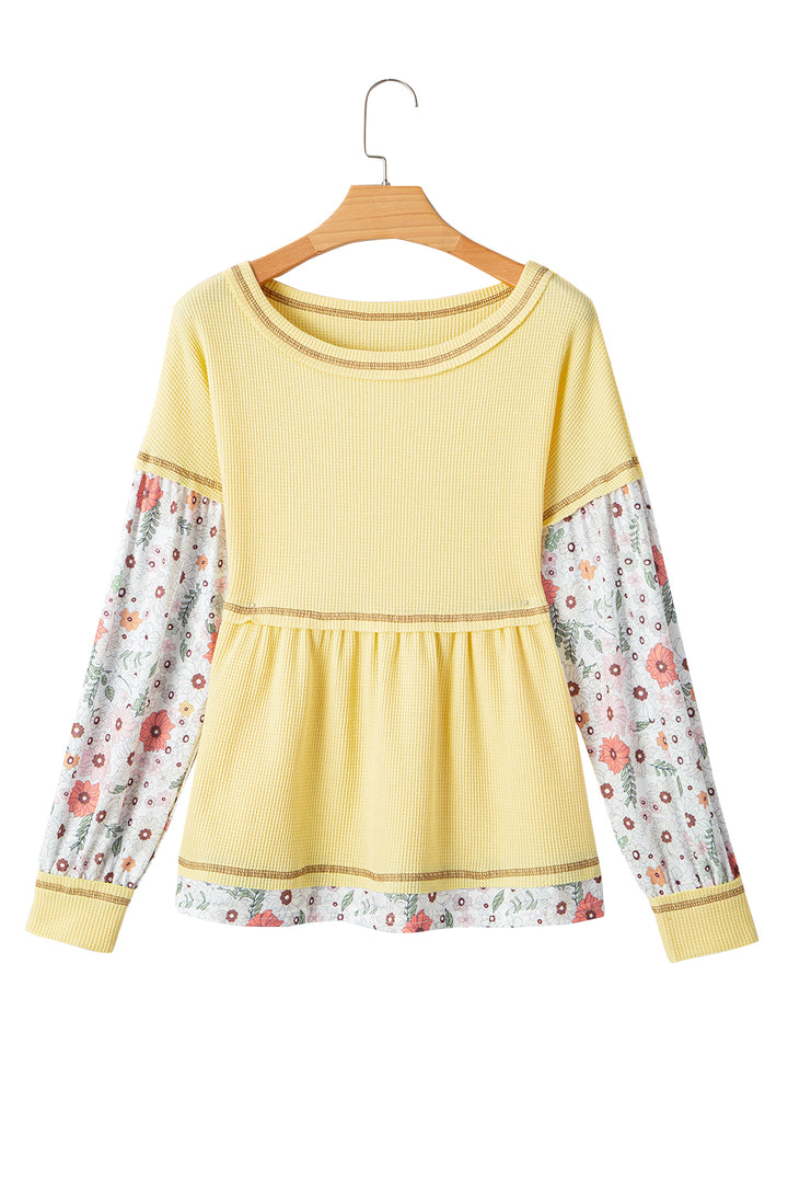 Yellow Floral Patchwork Waffle Knit Babydoll Blouse