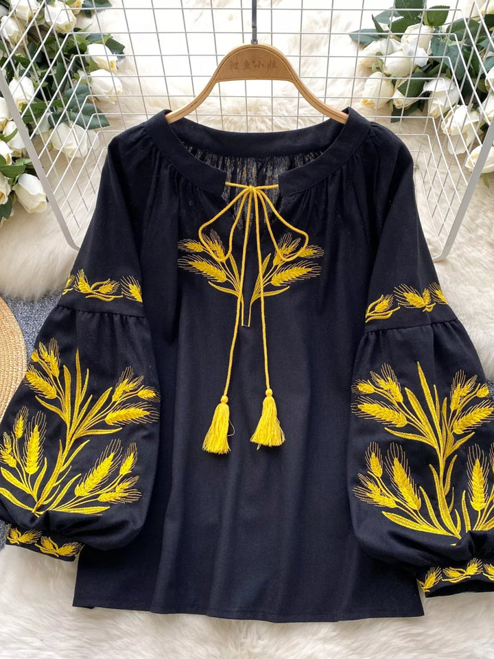 Embroidered Wheat Pattern Tie Neck Blouse