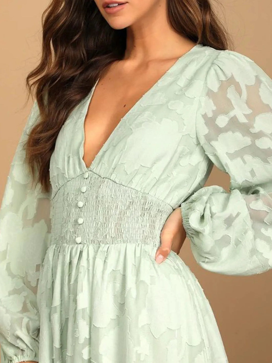 Smocked V-Neck Balloon Sleeve Dress