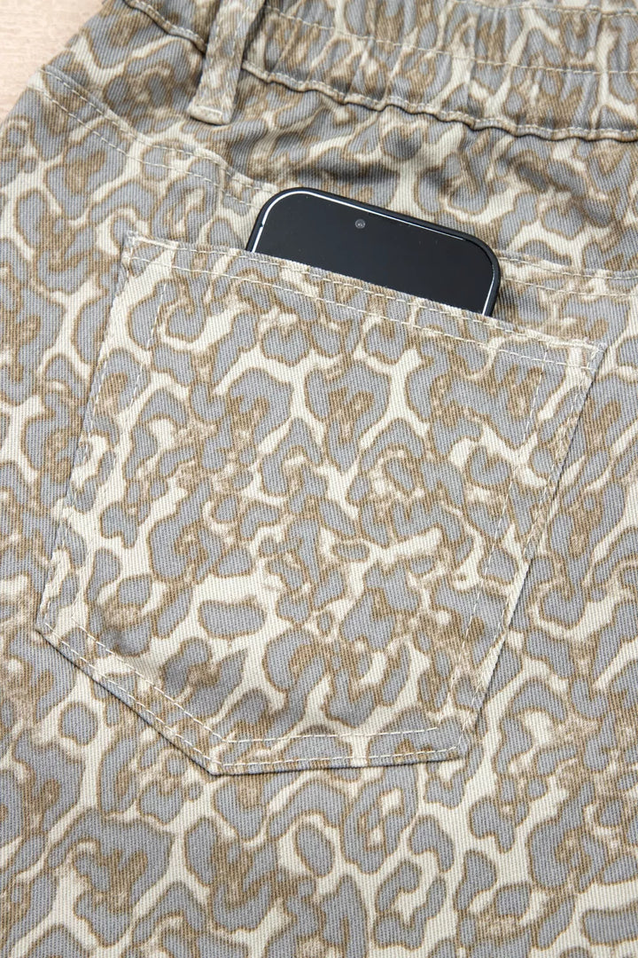 Raw Edge Leopard Print Denim Shorts