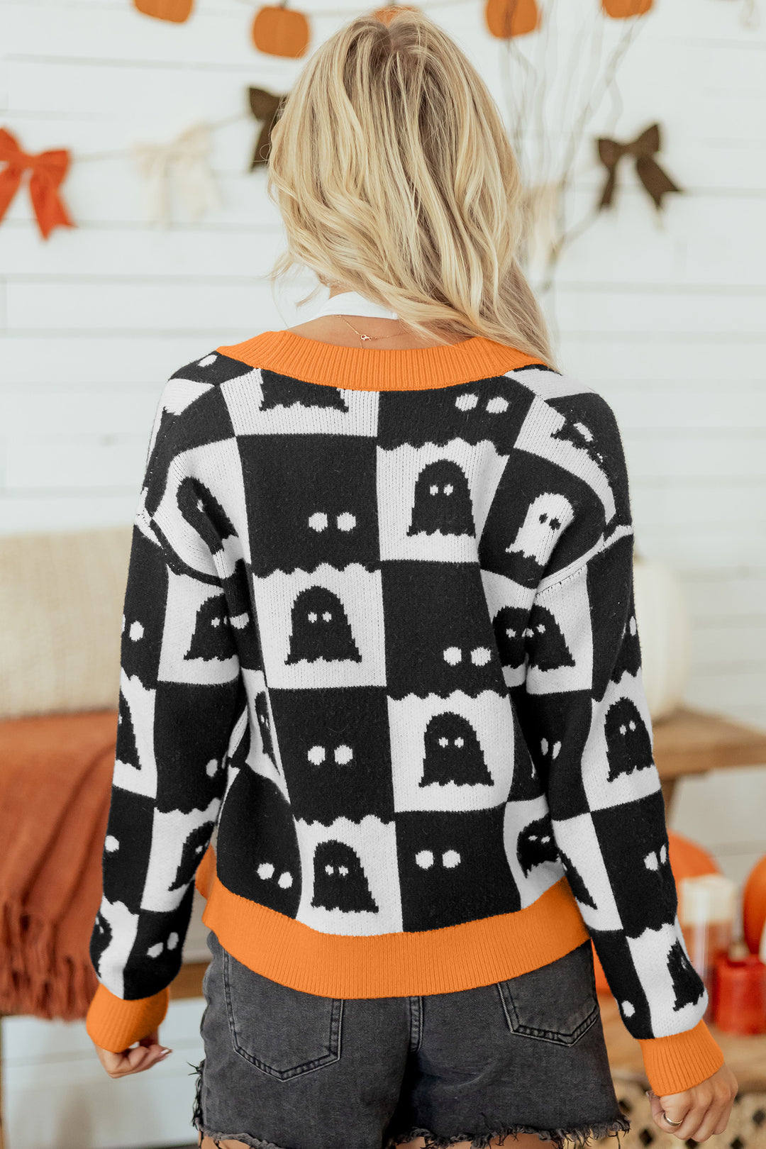 Black Geometric Ghost Print Drop Shoulder Knit Cardigan