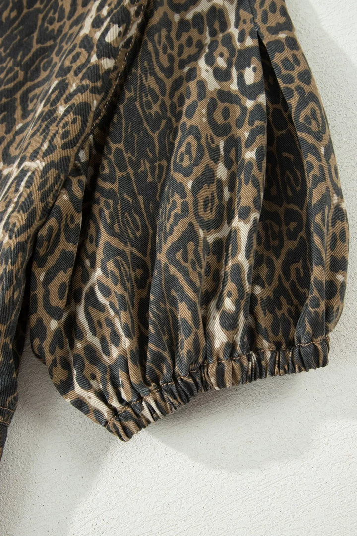 Leopard Print Puff Sleeve Denim Dress