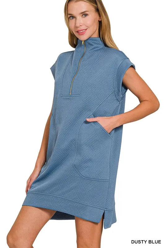 Zenana Textured Knit Jacquard Quarter Zipper Mini Dress