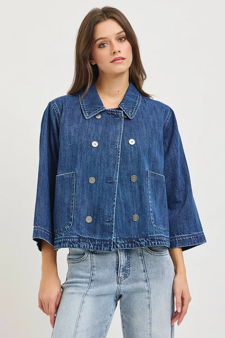 RISEN Double-Breasted Flowy Cropped Denim Jacket