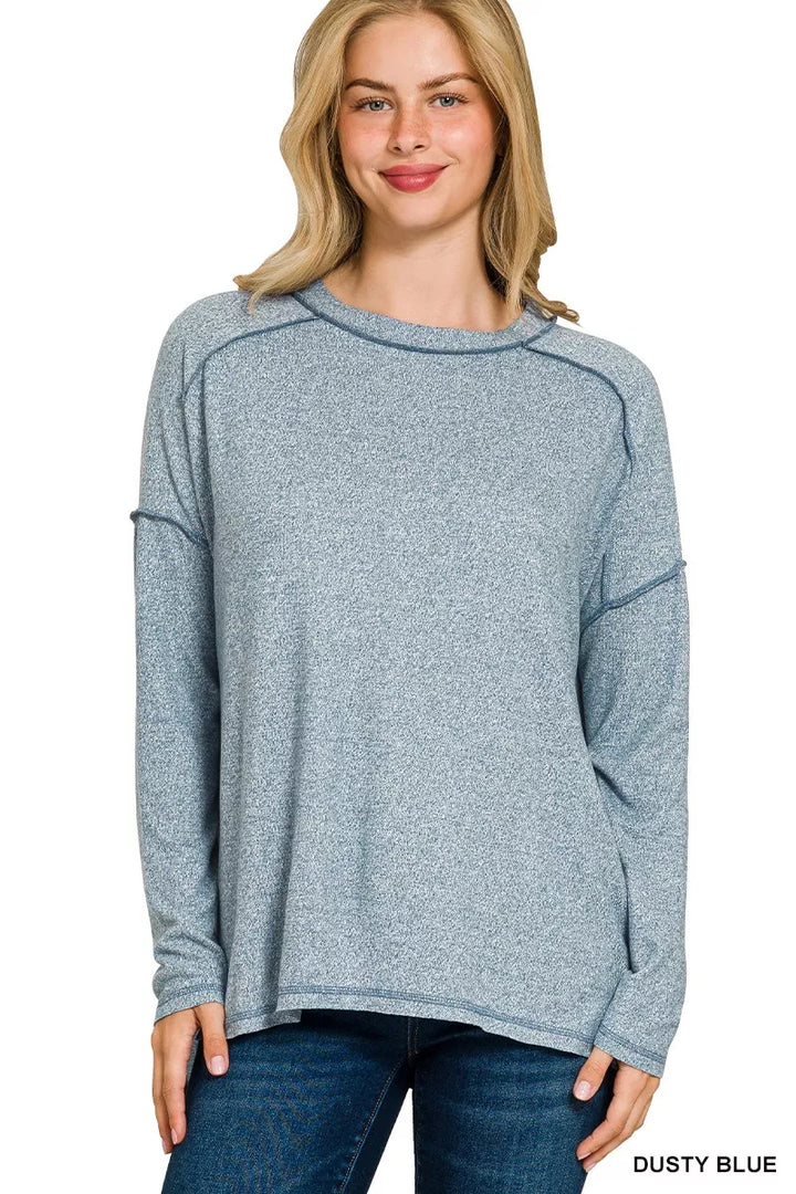 Zenana Full Size Melange Hacci Exposed Seam Hi-low Tee Plus Size
