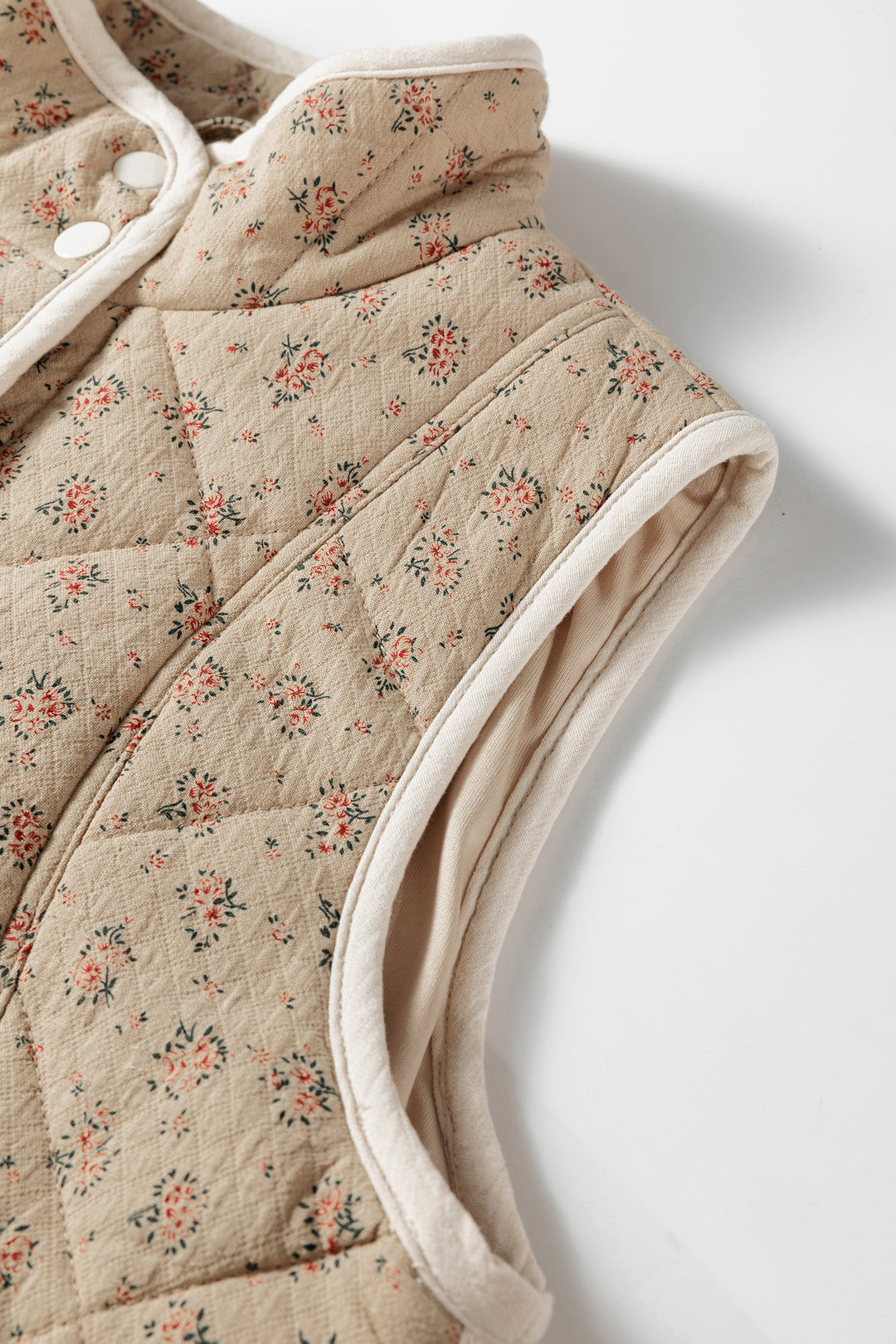 Khaki Floral Print Quilted Concealed Button Vest