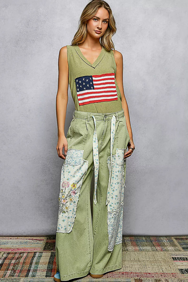 POL V-Neck Ribbed Tank with American Flag Patch and Star Back Patch