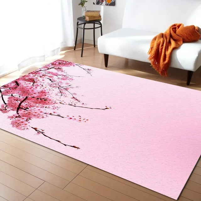 Pastel Cherry Blossom And Crescent Moon Non-Slip Flannel Floor Mat Home Rug Decoration