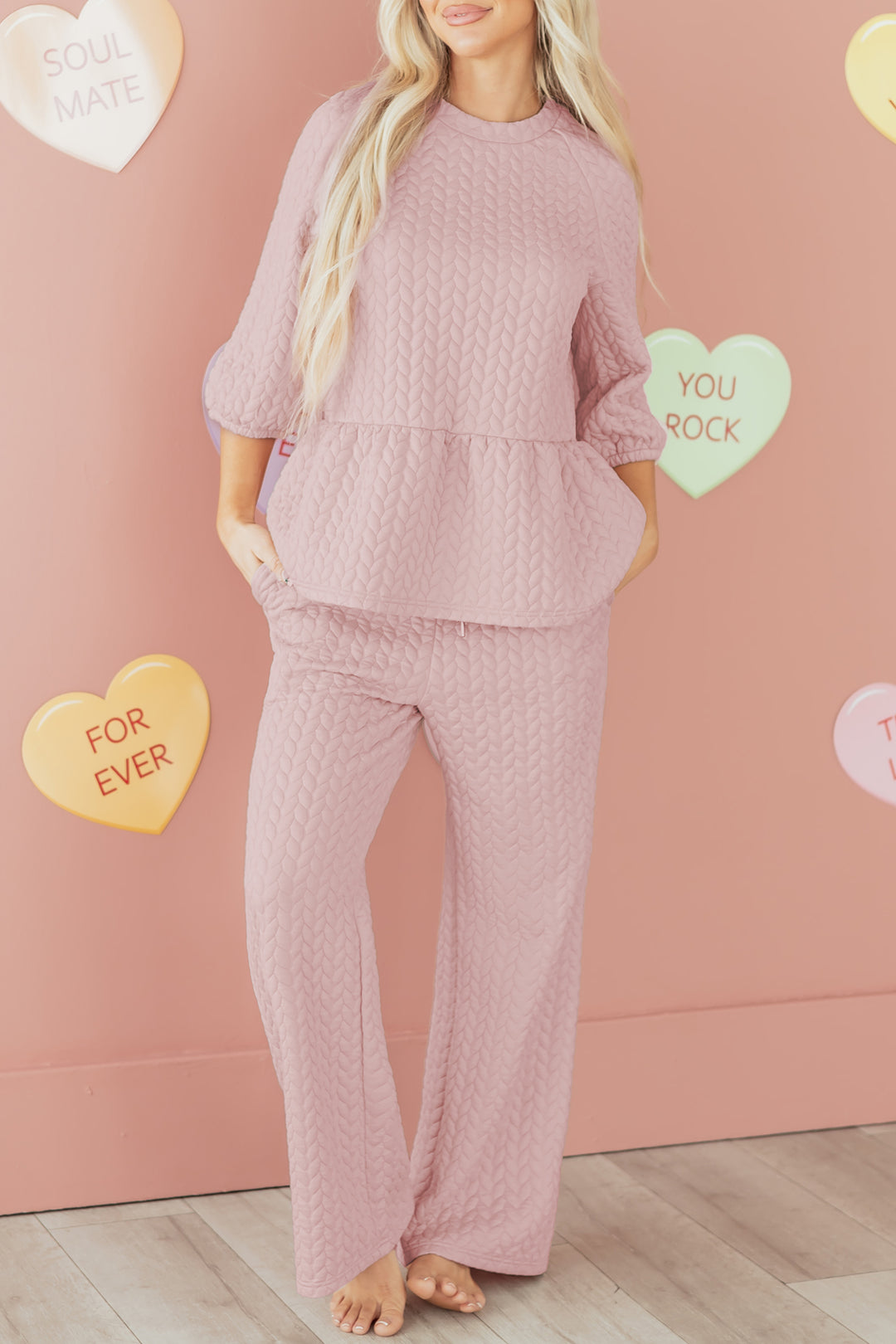 Delicacy Braided Texture Ruffle Hem Top Drawstring Loose Pants Set