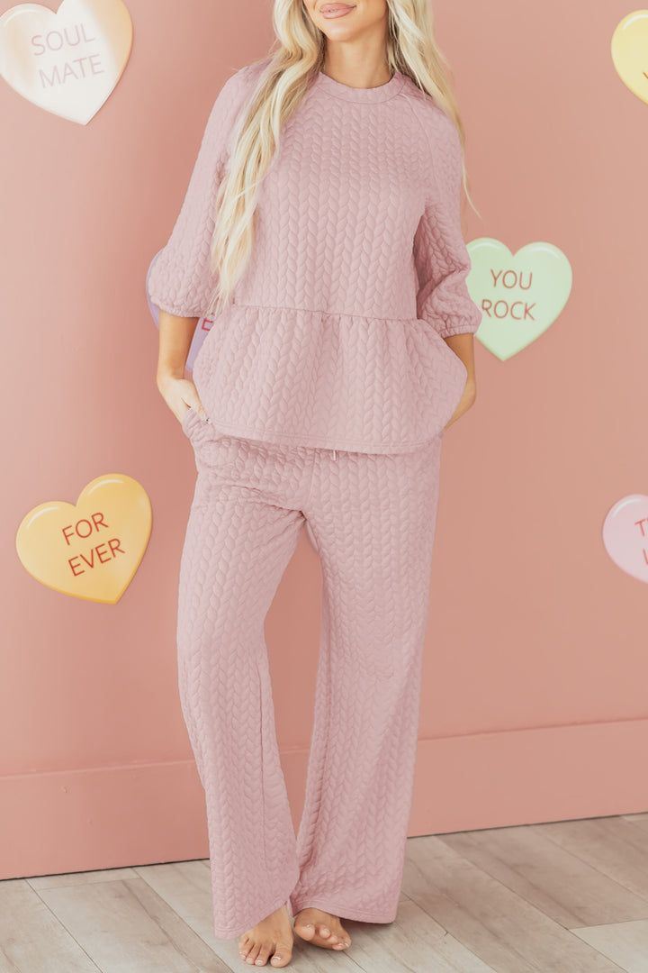 Delicacy Braided Texture Ruffle Hem Top Drawstring Loose Pants Set